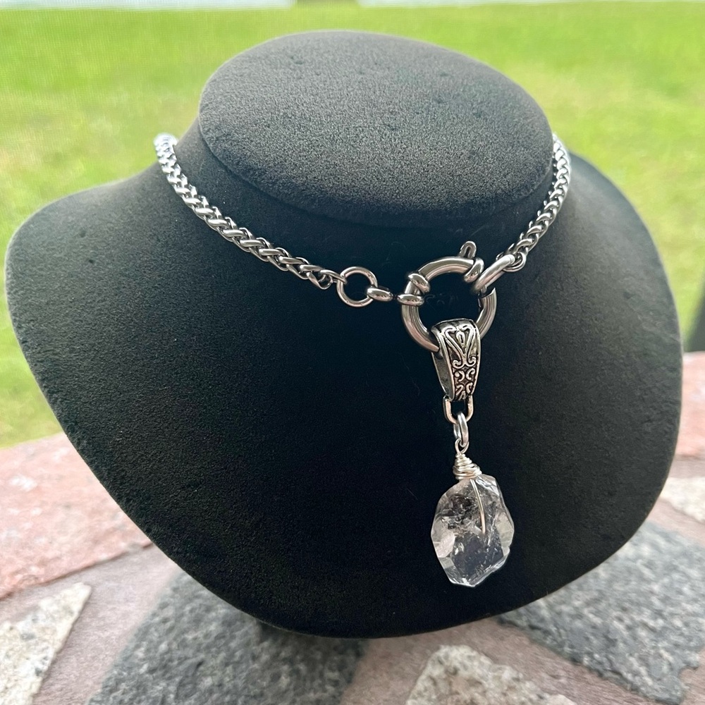 Genuine big herkimer diamond stainless steel wheat chain clasp in front necklace - Picture 3 of 15